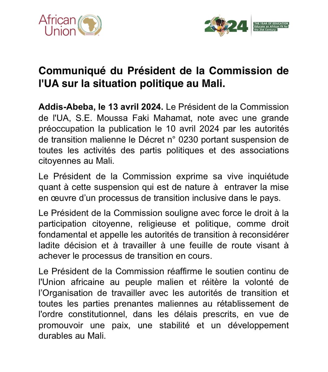 🇲🇱 Le Mali va bientôt se retirer de l'Union africaine.