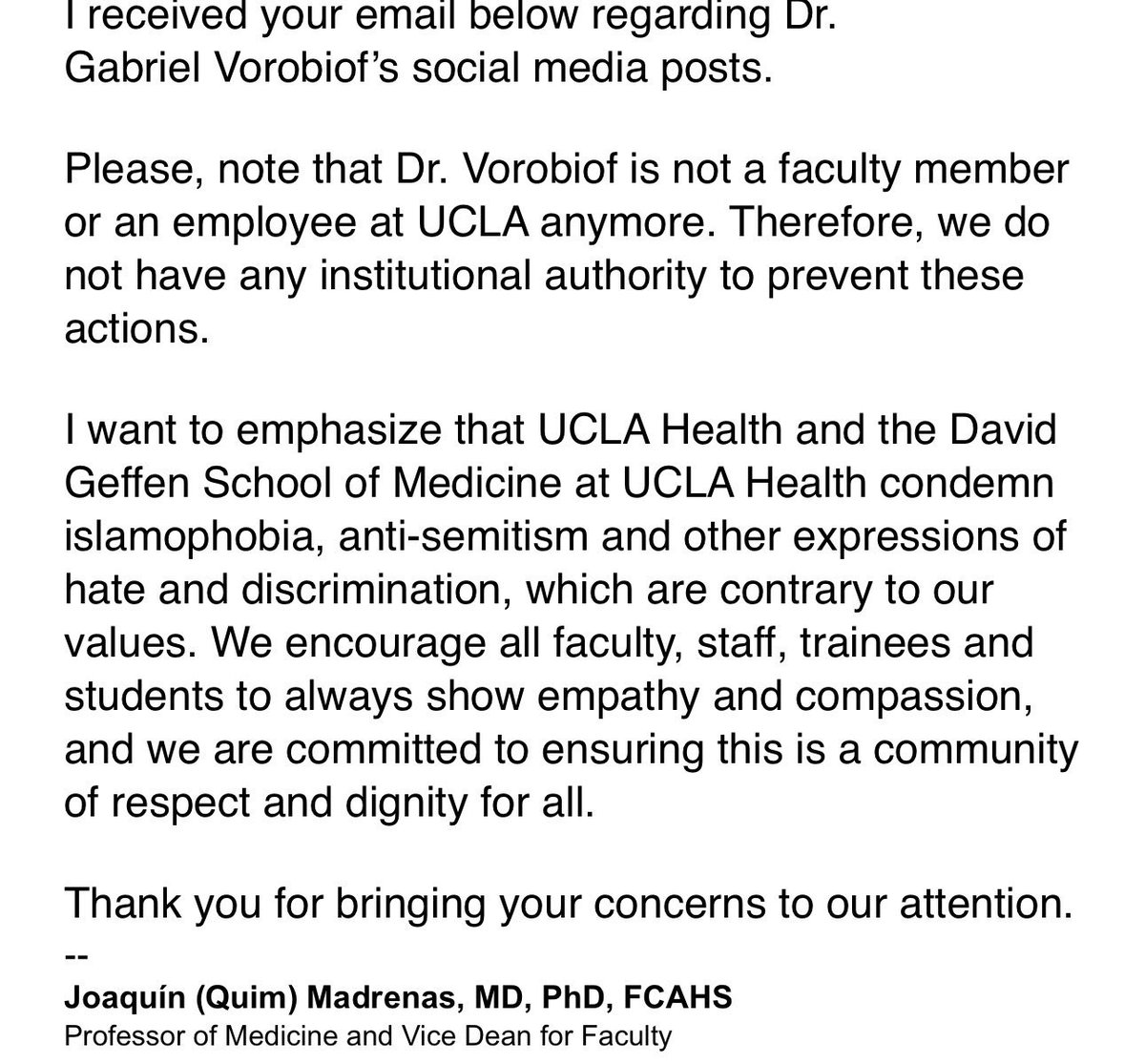 🚨 UPDATE: Dr. Gabe Vorobiof is no longer employed by @UCLAHealth, and his physician profile has been deleted by the cardiology department He had called for Planned Parenthood to be bombed in Gaza