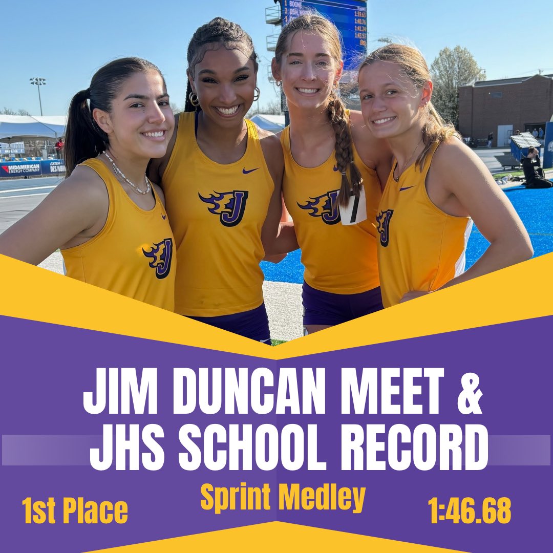 Sprint Medley started us off strong with a first place finish at the Jim Duncan Meet. They also set a new school record and Jim Duncan Meet Record plus earned the blue standard for the Drake Relays💛💜 Great job girls!! @JohnstonCSD @JCSD__Athletics