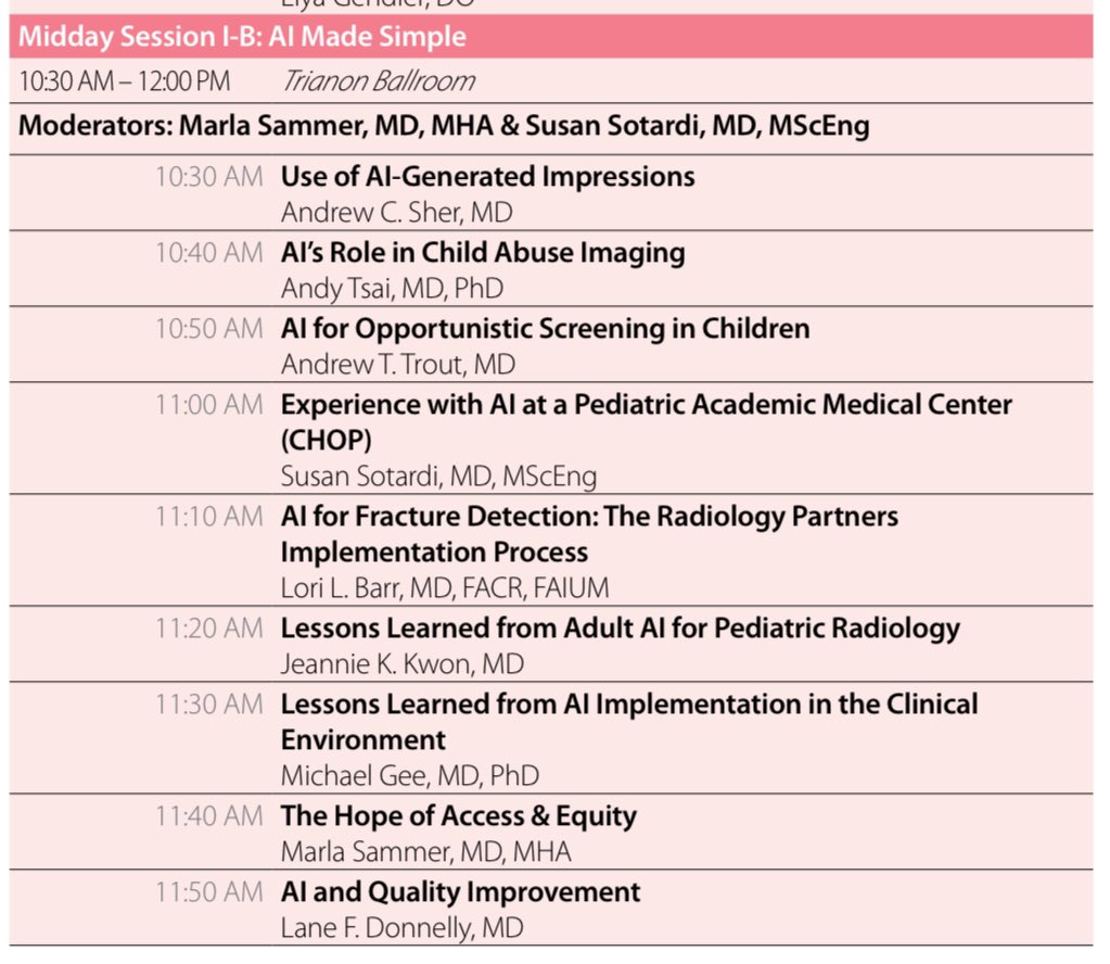 What is the role of AI in #PedsRad??

Learning more at #SPR24 #MiddaySession @SocPedRad from this fantastic lineup 
@TCHRadiology @CincyKidsRad @boschildrensrad @DrLoriBarr @UTSW_PedRad @UNCRadiology