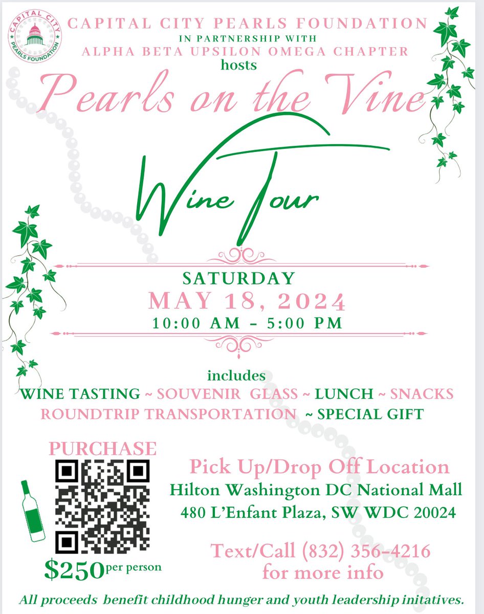 CapCityPearls's tweet photo. Always the right time for a glass of wine because wine is a constant reminder that LIFE IS GOOD! 
Experience the Pearls on the Vine wine tour on 5/18/24. Tickets are $250/person! Sip, sip, HOORAY!
https://t.co/J7uGp8mGaL https://t.co/6bqtnMOtwR