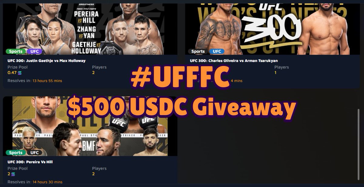 GM degens, UFC 300 is finally here! We have all the action on prophecy🔥 We are giving away 100 $USDC to 5 people who enter into today's highly anticipated UFC events with at least 0.1 SOL, you must tweet out about the event on Fortuna with a screenshot and the hashtag #UFFFC