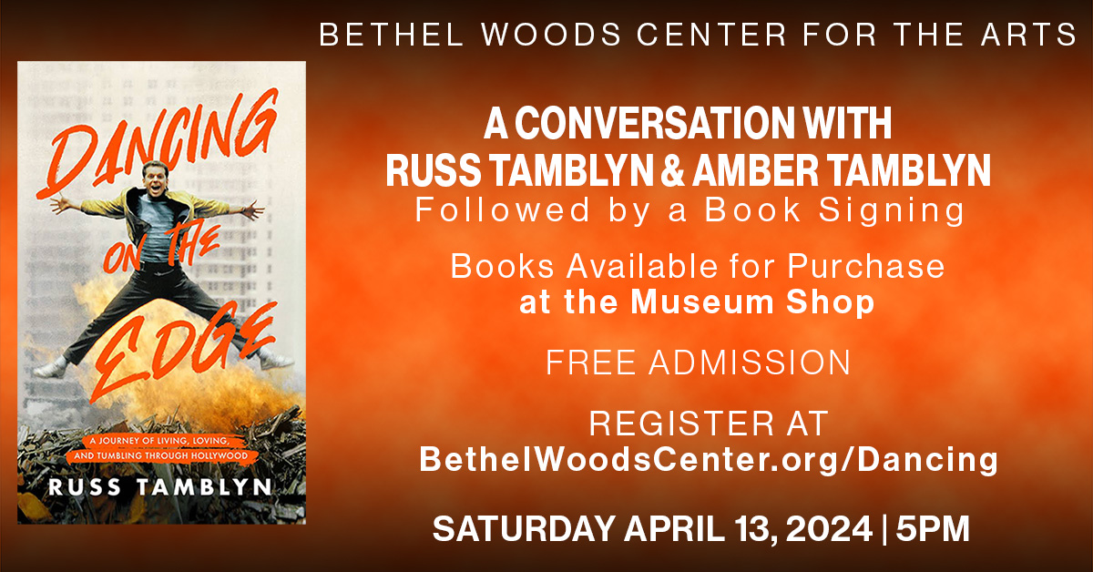 Today, April 13, in Bethel, NY. Join me and my dad, @RussTamblyn, for a conversation and book signing 🧡 Free admission! For more info and to reserve your spot, visit bethelwoodscenter.org/events/detail/…