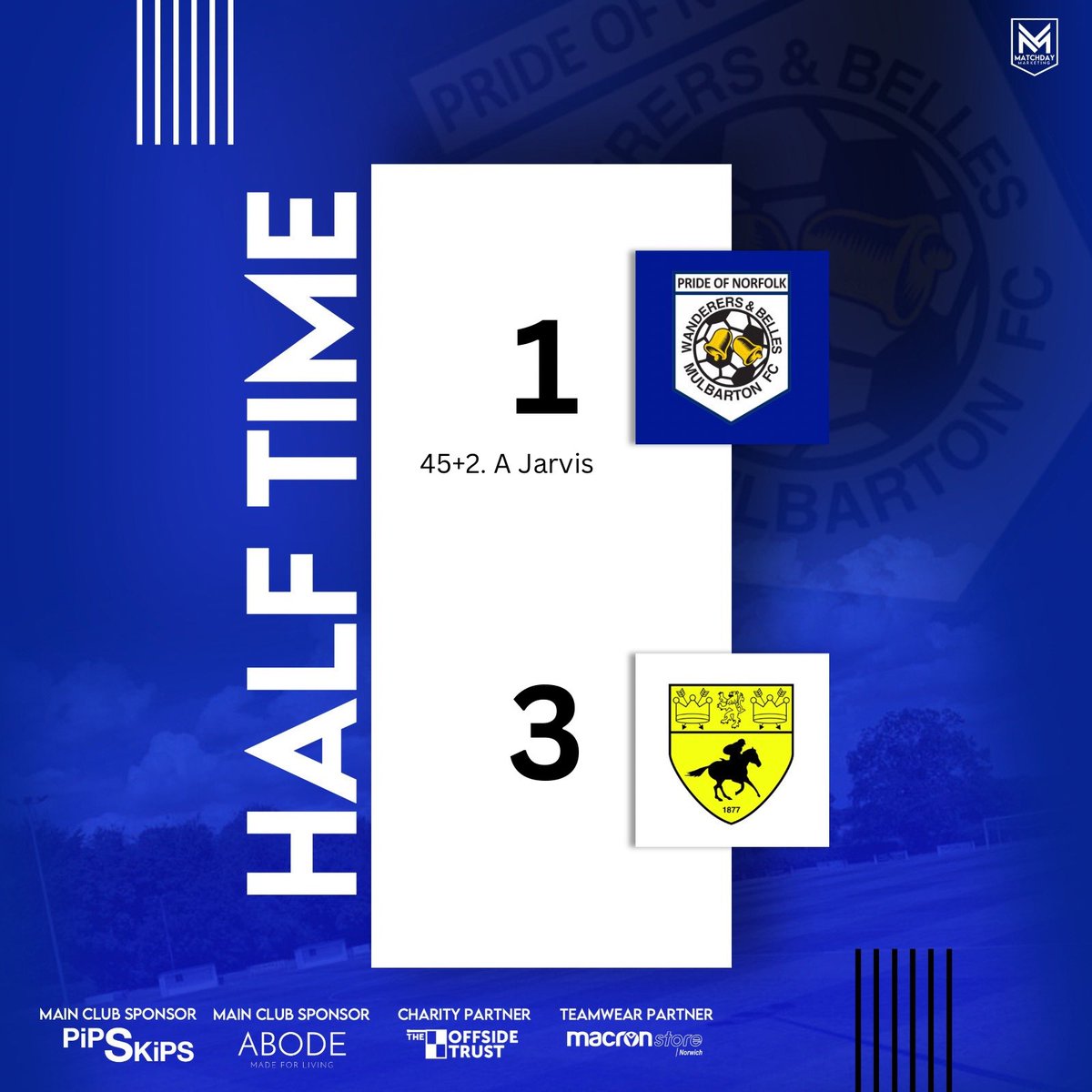 Half time whistle blows. Some early chances missed. @NewmarketTownFC capitalise on their opportunities but @Ash_Jarvis nicks one to cut the deficit.