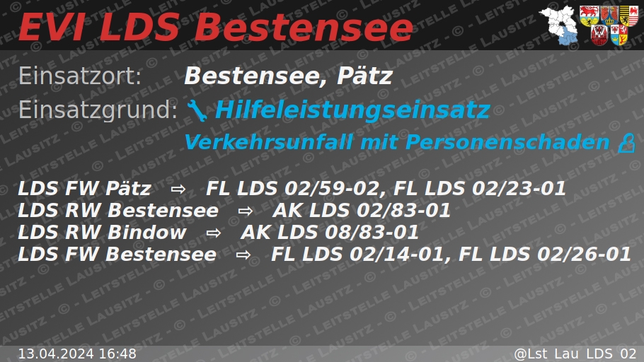 🚨 13.04.2024 16:48 💥 👤 H:Verkehrsunfall-mit-P 🌐 Bestensee, Pätz 🚒 ⇨ FW Pätz, FW Bestensee wachalarm.leitstelle-lausitz.de/dbrd/ae7835f2-…