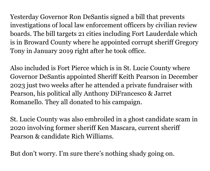 ClaireBalan's tweet photo. 🚨🚨🚨Yesterday Governor DeSantis signed a new bill preventing civilian review boards from investigating local police. The bill also includes a $5000 raise for each Sheriff.

Hmmmmmmm? 🤔

https://t.co/HFMHoPWQ3i 

https://t.co/Q2SOg7aqoU https://t.co/TSJKhTayUz