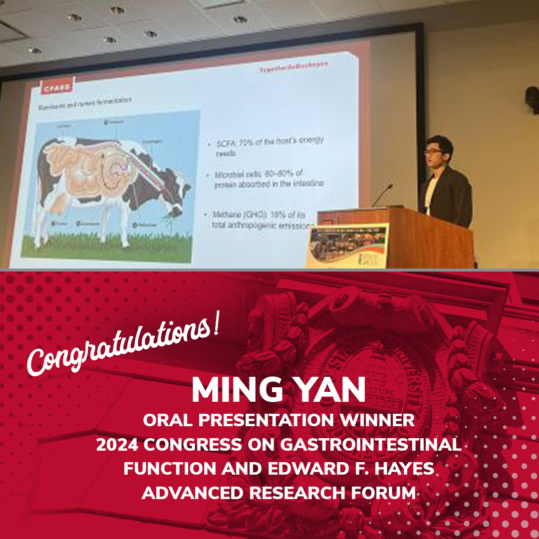 Congratulations to PhD student Ming Yan on placing first in the oral presentation category at the 2024 Congress on Gastrointestinal Function! Learn more about Ming's work: go.osu.edu/CppX