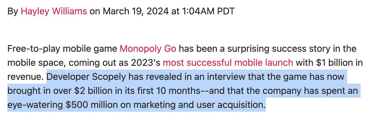 Scopely has stated that Monopoly Go! generated $2BN in revenue on $500MM in marketing spend in its first 10 months from launch. If these metrics are genuine, they almost certainly represent the most profitable first-year performance of any mobile game in history.