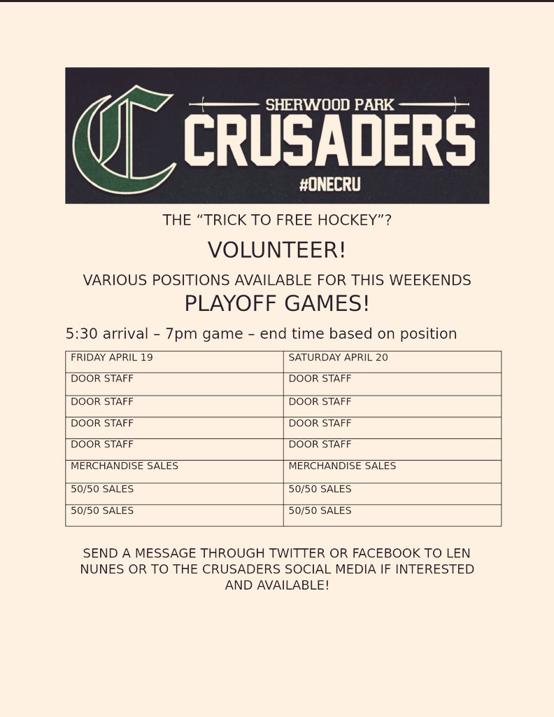 A MASSIVE weekend is coming up as the @SPcrusaders host playoff games on Friday and Saturday. I (We) need some extra help. Please reach out if willing and able to lend a hand. In return you get to watch a majority of playoff game for free. #ThankYou
