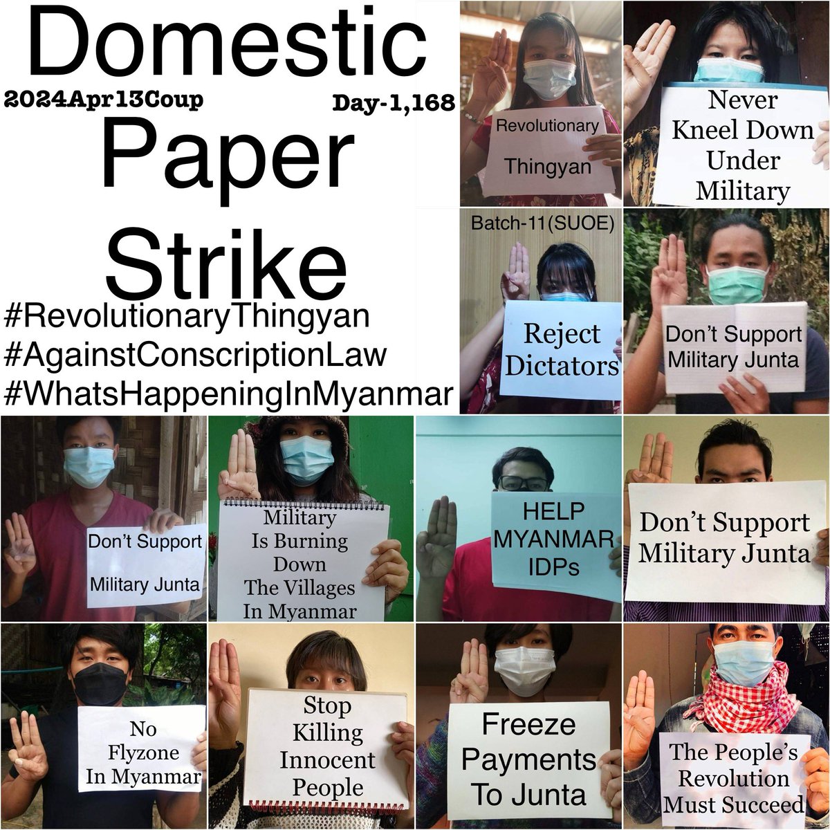 12 CDM teachers  (BEd, Batch-11)from Sagaing University of Education staged “Domestic Paper Strike”to protest against the military dictatorship today.

#2024Apr13Coup
#RevolutionaryThingyan
#AgainstConscriptionLaw
#WhatsHappeningInMyanmar
#kptsbatch11friends