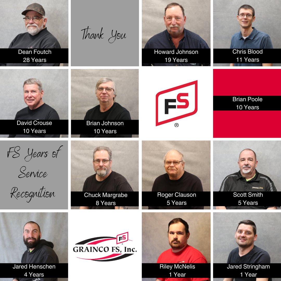 We have 12 employees celebrating an FS Years of Service Recognition this month! The FS System and GRAINCO FS are fortunate to have you part of the team. Thank you for your dedication, loyalty, and contributions. Congrats on your work anniversary!

#workanniversary #graincofs