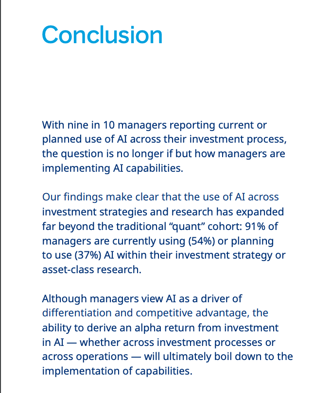 The age of #ArtificialInteligence 
💥Adopt a strategic approach to organizational implementation 💥
With nine in 10 managers reporting current or planned use of AI across their investment process, the question is no longer if but how managers are implementing AI capabilities.