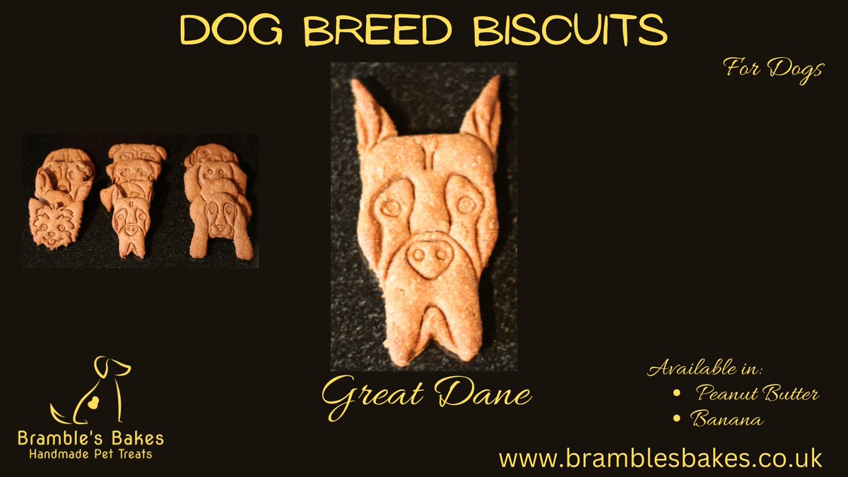 Brambles_Bakes's tweet photo. A delicious dog biscuit for your Great Dane, available in Peanut Butter or Banana. Sold as a pair or in a tin of 6. Visit https://t.co/Pwox8i7Dyg to order yours today! Lots of breeds available. If you don’t see what you are looking for, get in touch and we will see what we can do https://t.co/iQbQwamtq5