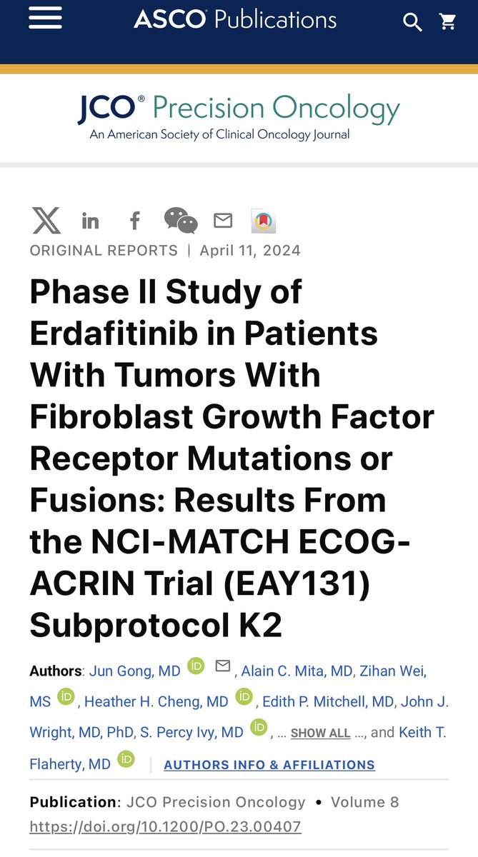 1/2 Dual publication @JCOPO_ASCO @theNCI @eaonc NCI-MATCH Subprotocol K2 positive PhII trial ➡️ activity of #Erdafitinib in treatment-refractory tumors w/#FGFR1-3 mutations or fusions, adding to evid for potential tumor agnostic indication? ascopubs.org/doi/10.1200/PO… @OncoAlert