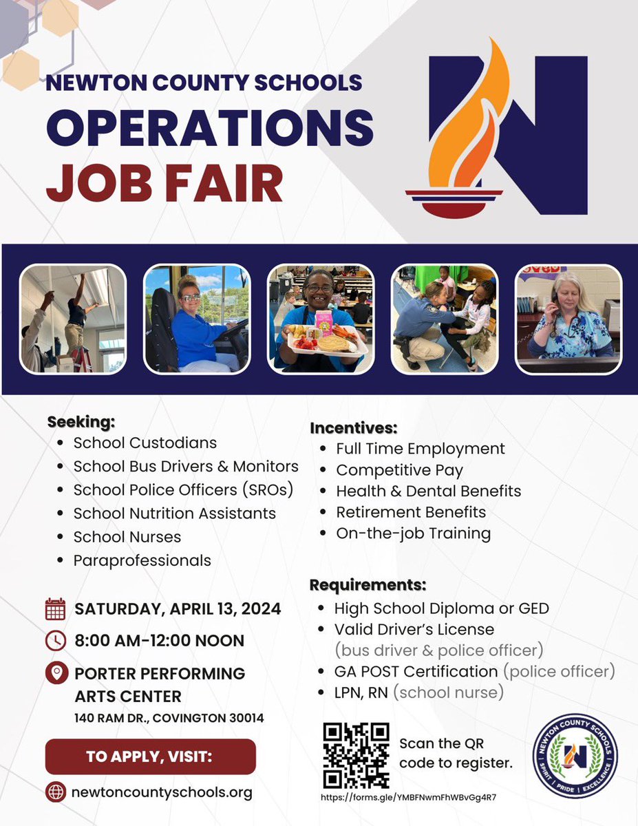 Join us at the Newton County Schools Operations Job Fair! We're hiring for various positions with full-time employment, competitive pay, benefits, and training. Today (April 13, 2024) 8 AM - Noon at Porter Performing Arts Center. Don't miss out!