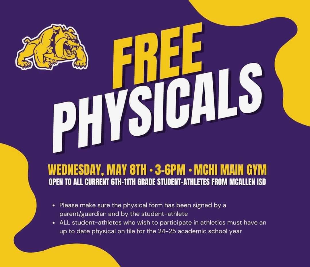Free physicals are being held WEDNESDAY May 8th from 3-6PM in the McHi main gym for all current 6th-11th grade students. Physicals are needed for all McAllen ISD students planning to participate in sports for the 2024-2025 School Year! #morrispride #misd #districtofchampions