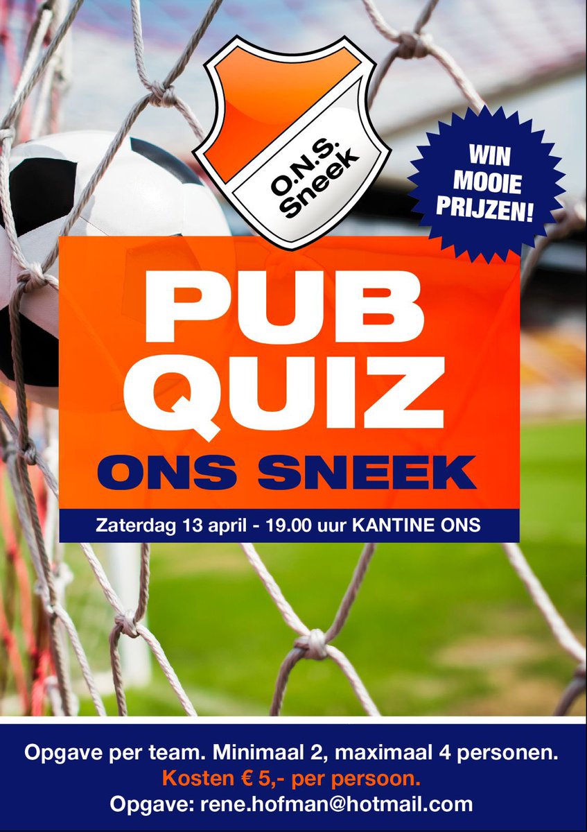 ONSSneek's tweet photo. Om 19.00 uur in de kantine: de befaamde ONS Pubquiz. Tevens is er zometeen een spetterend Rad van Avontuur. Komende donderdag wordt er thuis geoefend tegen @SCCambuurLwd O21, aanvang 20.00 uur. Graag tot dan en voor nu nog een fijn weekend!
#onsgak #onscam https://t.co/RghNGxRZxf