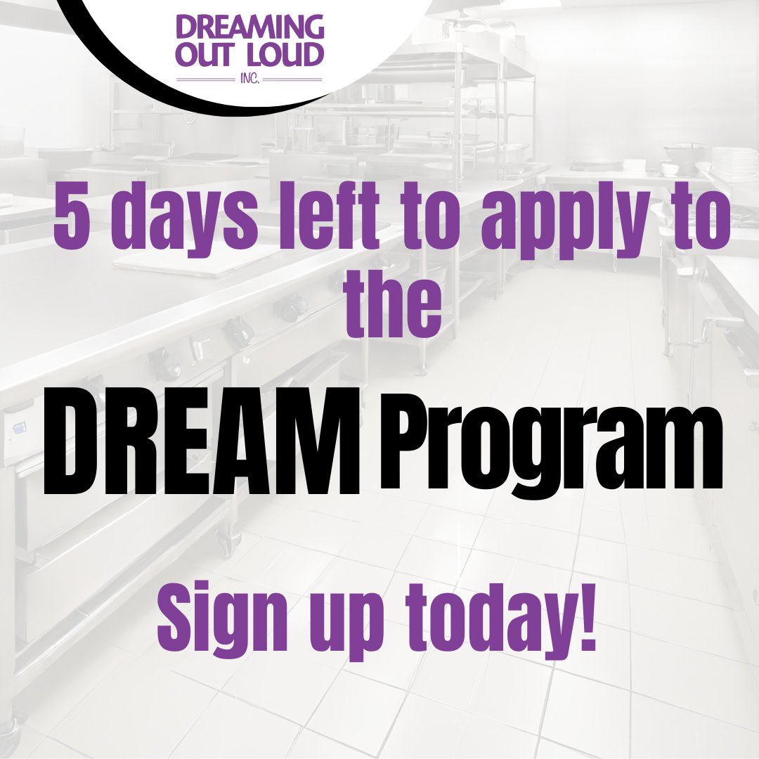 Only 5 days left to apply for our #DREAM Program! You've worked hard to grow your #FoodBusiness & it's time to dream bigger. Our mentors will give you guidance and tools to take your business to the next level, so apply today! #BlackOwnedBusiness #growthmindset #BlackOwned