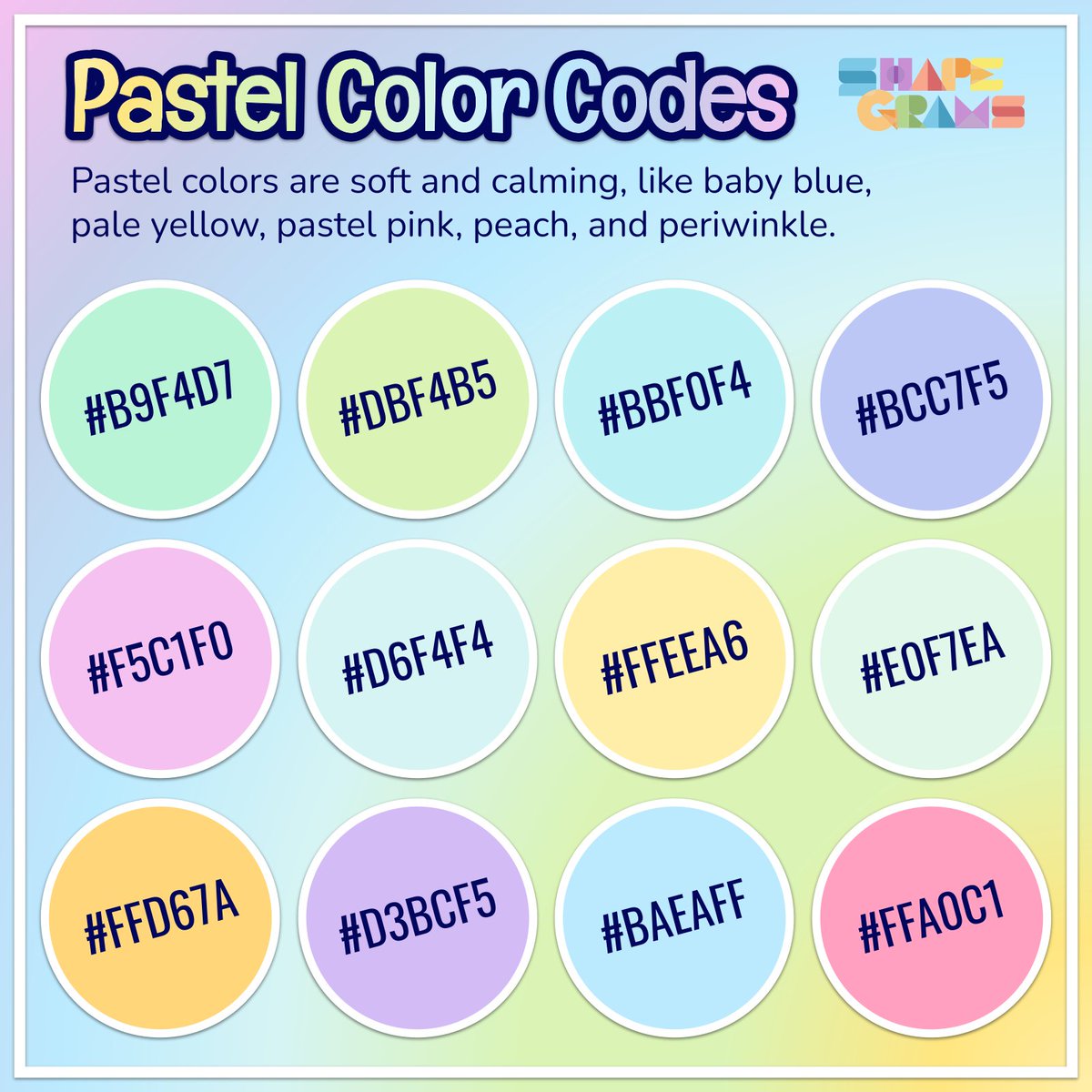 Pastel colors are soft and calming, like baby blue, pale yellow, pastel pink, peach, and periwinkle. Pastels are often associated with spring. Perhaps because spring brings us flowers and ice cream? #TeacherTwitter #EduTwitter #k12artchat #Shapegrams