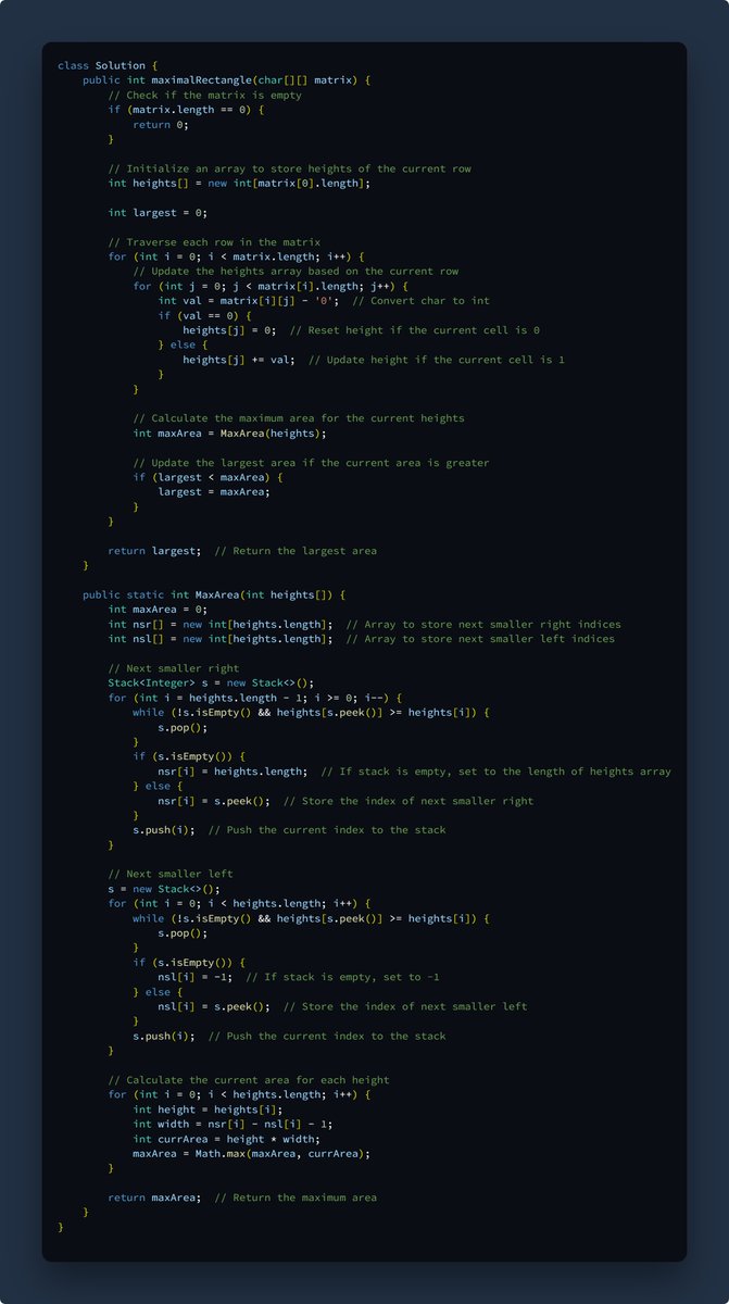 ✔️ #Day23 of #100DaysOfCodingChallenge on #LeetCode
Solved: #leetcode 85. Maximal Rectangle
Difficulty: Hard
Topic: Array, Stack, Matrix

leetcode.com/problems/maxim…

#Consistency #100DaysOfCode #ProblemSolving #LearnInPublic
