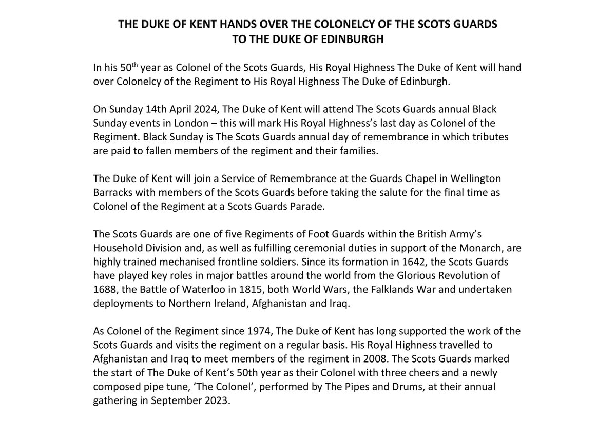 The Duke of Kent, 88, in his 50th year as Colonel of the Scots Guards, is handing over the colonelcy of the regiment to the Duke of Edinburgh. Tomorrow, his last day as colonel, HRH will attend the annual Black Sunday events in London. 📷 2022 Birthday Parade @BradyBoxBrownie