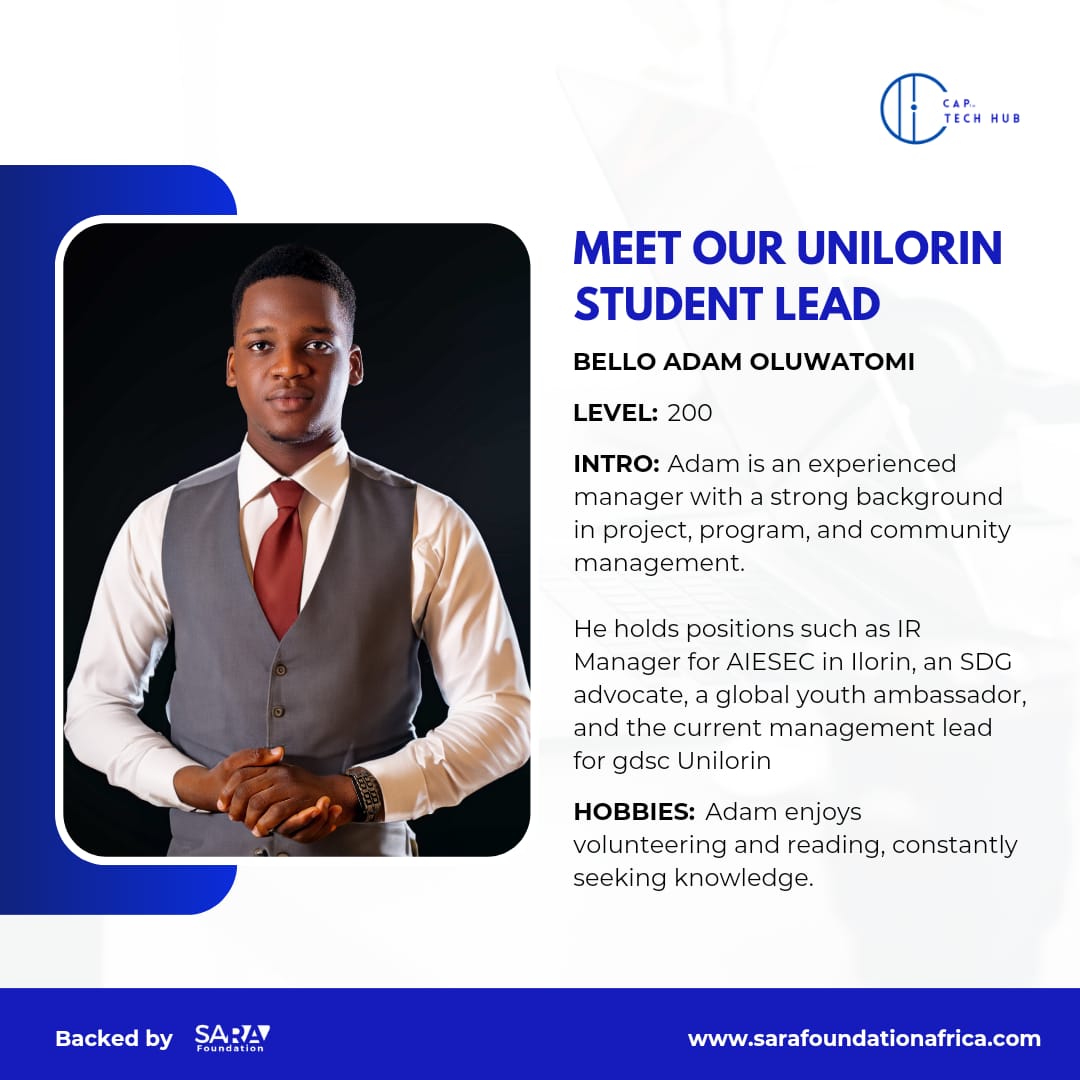 Theadambello's tweet image. I&apos;m delighted to lead the CAP Tech Hub backed by @Sarafoundations at @UnilorinNGR , Join our innovative program to nurture young African tech professionals and founders. Let&apos;s grow together in the world of technology! 
bit.ly/SaraLeads

#CAPTechHub #unilorin