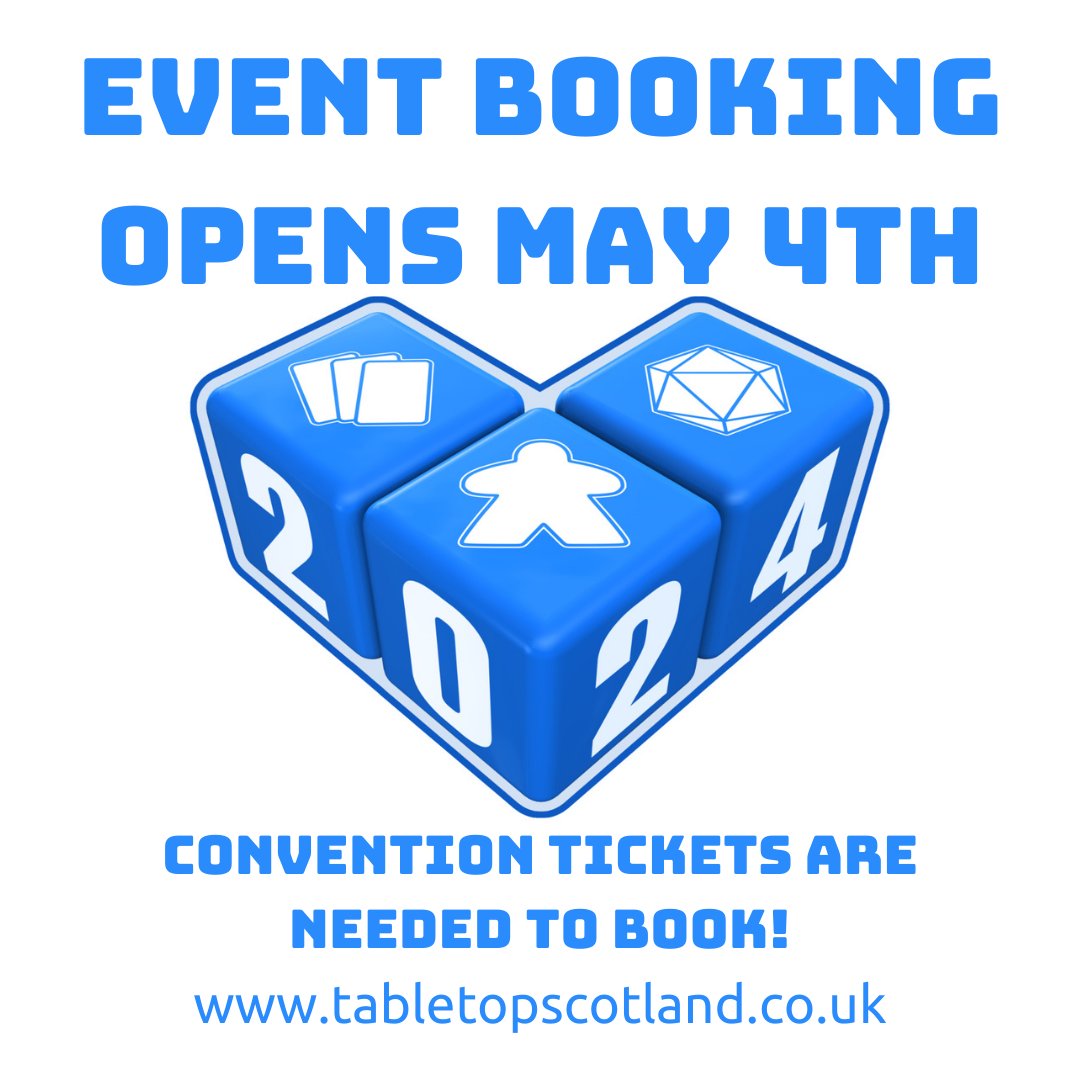 TabletopScot's tweet photo. Event Update: Event booking opens in THREE weeks!
That's Star Wars Day (May the 4th for those uninitiated) at 18:00.
In a change to previous years, you _must_ have bought a convention ticket before booking events.
https://t.co/XJE8h53GUC
#TTS2024 #BoardGames #RPG #TTRPG https://t.co/w6DLKbUuPh