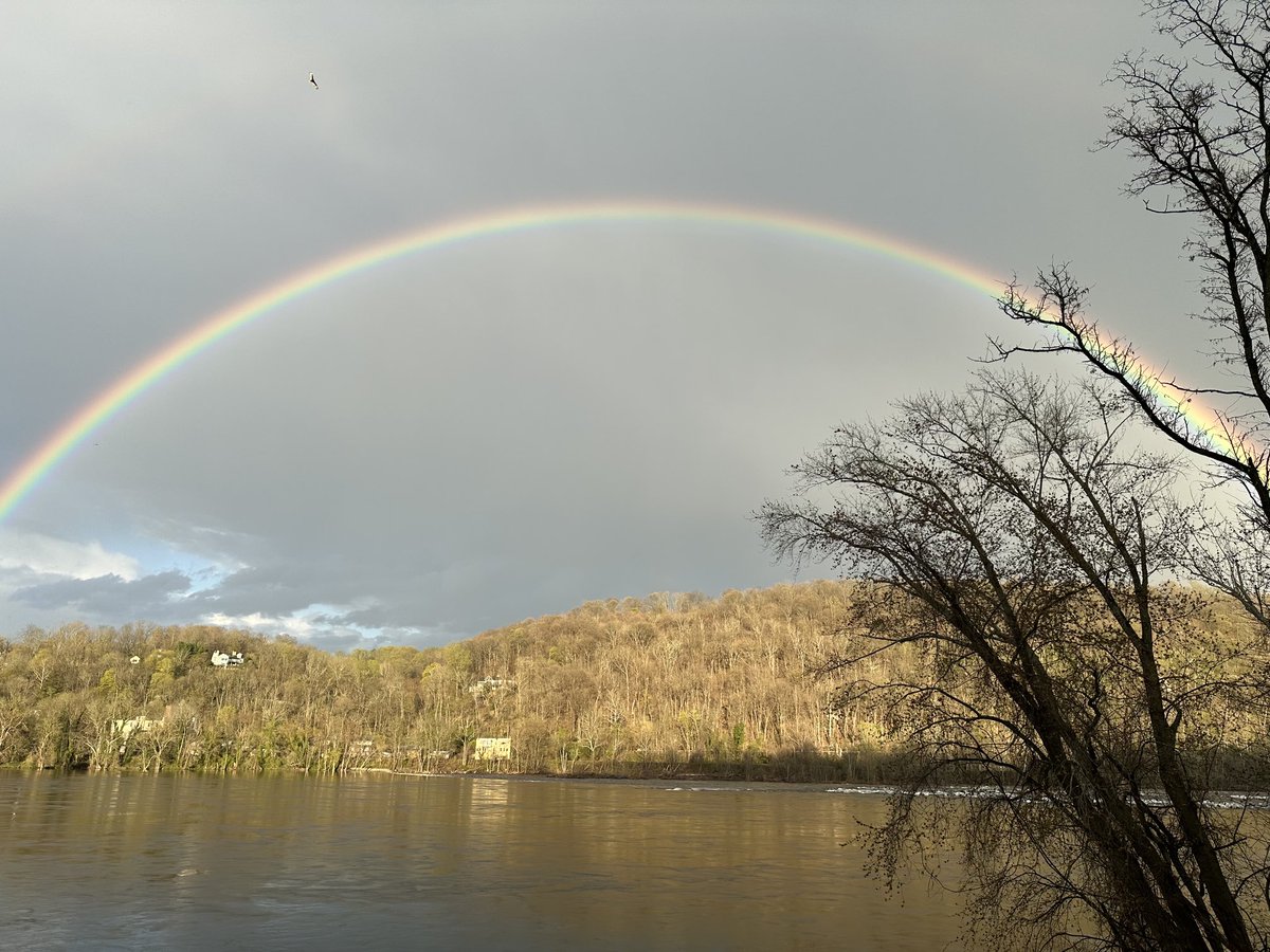 We were eating in new hope last night admiring this rainbow and then an eagle flew into the scene, swooped to the river and came up with a fish. He then flew away with his catch. That was amazing.