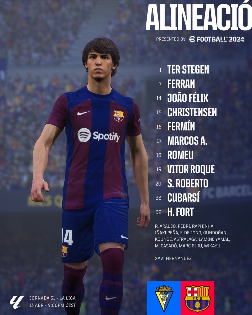 FCBarcelona_es's tweet photo. 👥 𝐀𝐋𝐈𝐍𝐄𝐀𝐂𝐈𝐎́𝐍

⚽ #CádizBarça https://t.co/2loxVp9cDX