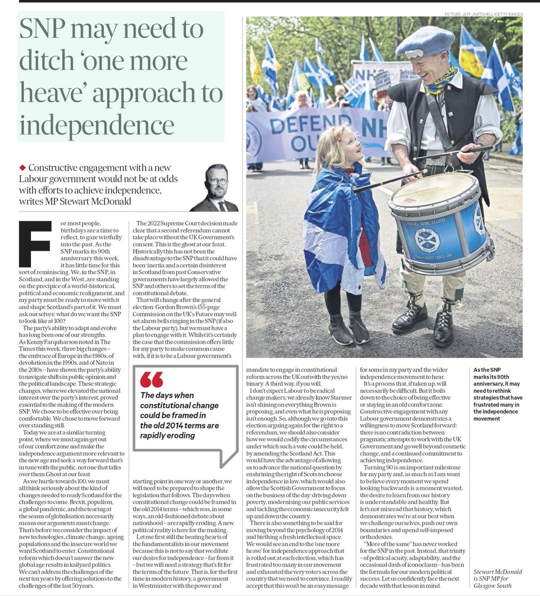 SNP MP argues that nationhood is a dated concept and that SNP MPs should work constructively with a new Labour Government after the General election as opposed to using their positions to deliver independence as an immediate priority.