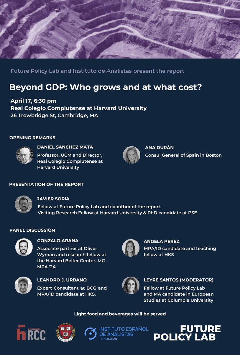 El próximo miércoles presentaremos nuestro informe «Más allá del PIB» (publicado junto a <a href="/InstAnalistas/">Instituto Español de Analistas</a>) en el <a href="/RCC_Harvard/">Real Colegio Complutense at Harvard</a>. 

Contaremos con un panel excepcional, en la intersección entre academia, innovación pública y sector privado: