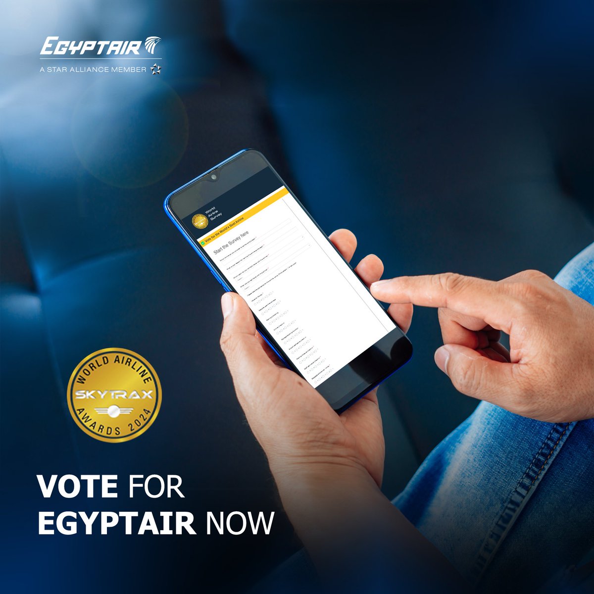 Your vote counts! #EGYPTAIR is honored to be nominated for the Skytrax 2024 awards, and we are waiting for your support to clinch the top spot! Click the link worldairlinesurvey.com/Surveys/favour… to cast your vote and show your appreciation for the exceptional services we strive to provide