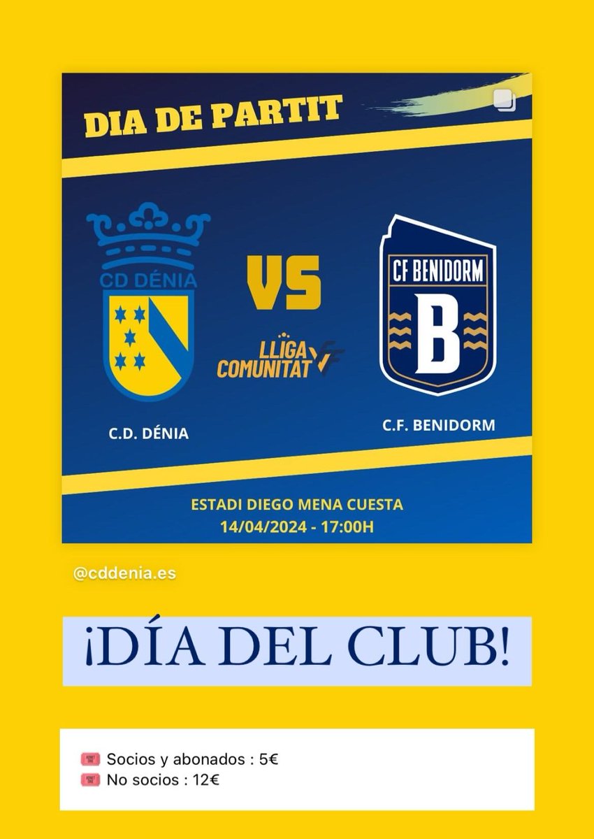 cddenia's tweet photo. 🏆 L. Comunitat Grup Sud J2️⃣5️⃣ 
📆 Diumenge 14 d'abril
⚽ Visita del líder ⚽ 
🕔 17:00 hh
⚽ #CDDENIA 🆚 @RCFBenidorm 
📍 Diego Mena
📣 DIA DEL CLUB
💶 SOCI: 5€
💶 NO SOCI: 12€
🎵 #AMUNTDÉNIA #Dénia #LCGS #FFCV 
PATROCINA: 
🛳🛳 @Balearia 🛳🛳
https://t.co/x5mEEsKwqo https://t.co/HuWnvhIT4m