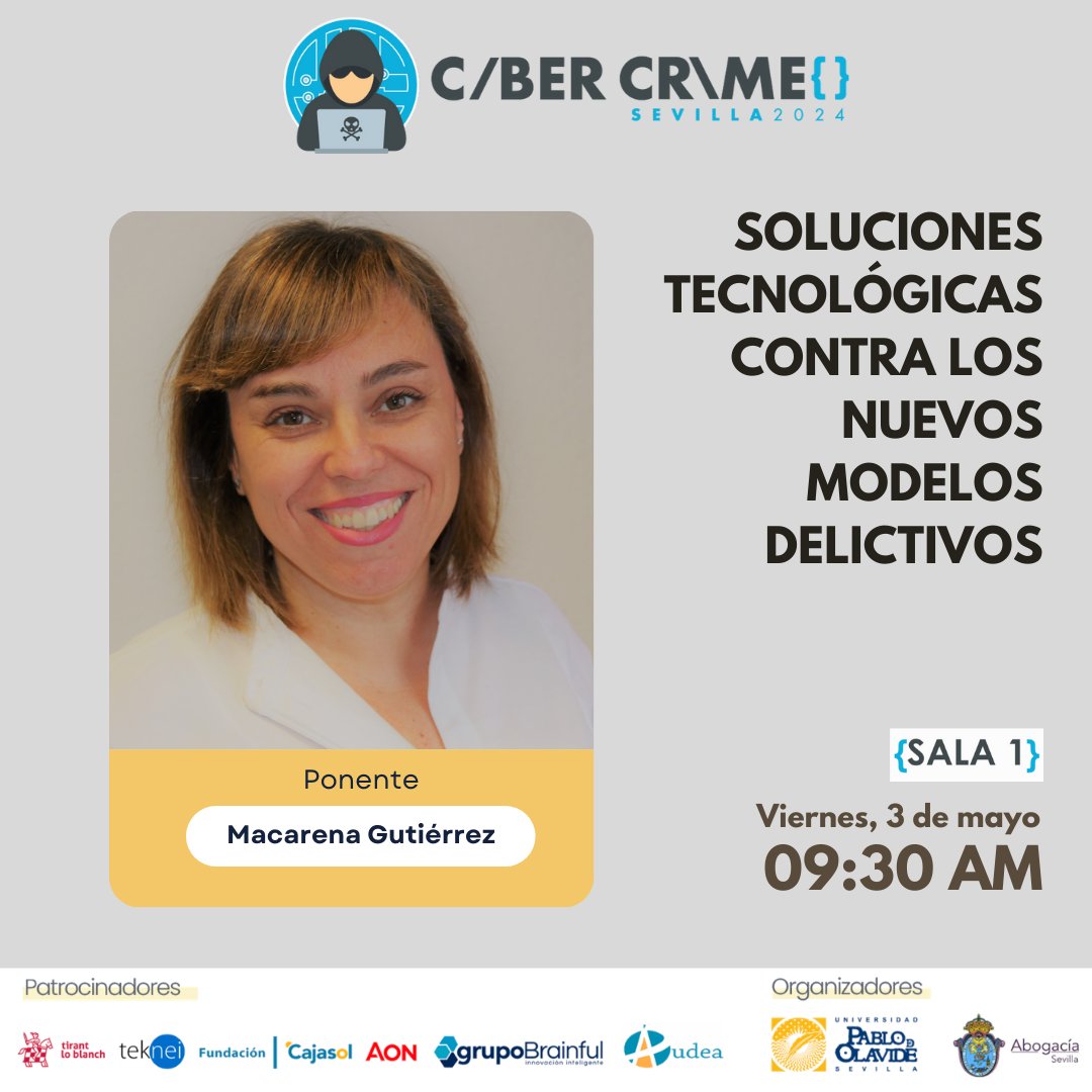 ICASEVILLA's tweet photo. I Congreso Internacional Ciberdelincuencia #CyberCrime #Sevilla2024 
#3demayo #Sala1 #9:30PM

SOLUCIONES #TECNOLÓGICAS CONTRA LOS NUEVOS MODELOS DELICTIVOS
Eloy Sanz, Francisco José Fernández Lineros, Ernesto Guerra y @GUTPER 

¿Te lo vas a perder? https://t.co/iHvfX0dMFv https://t.co/uI9zMDdHSg