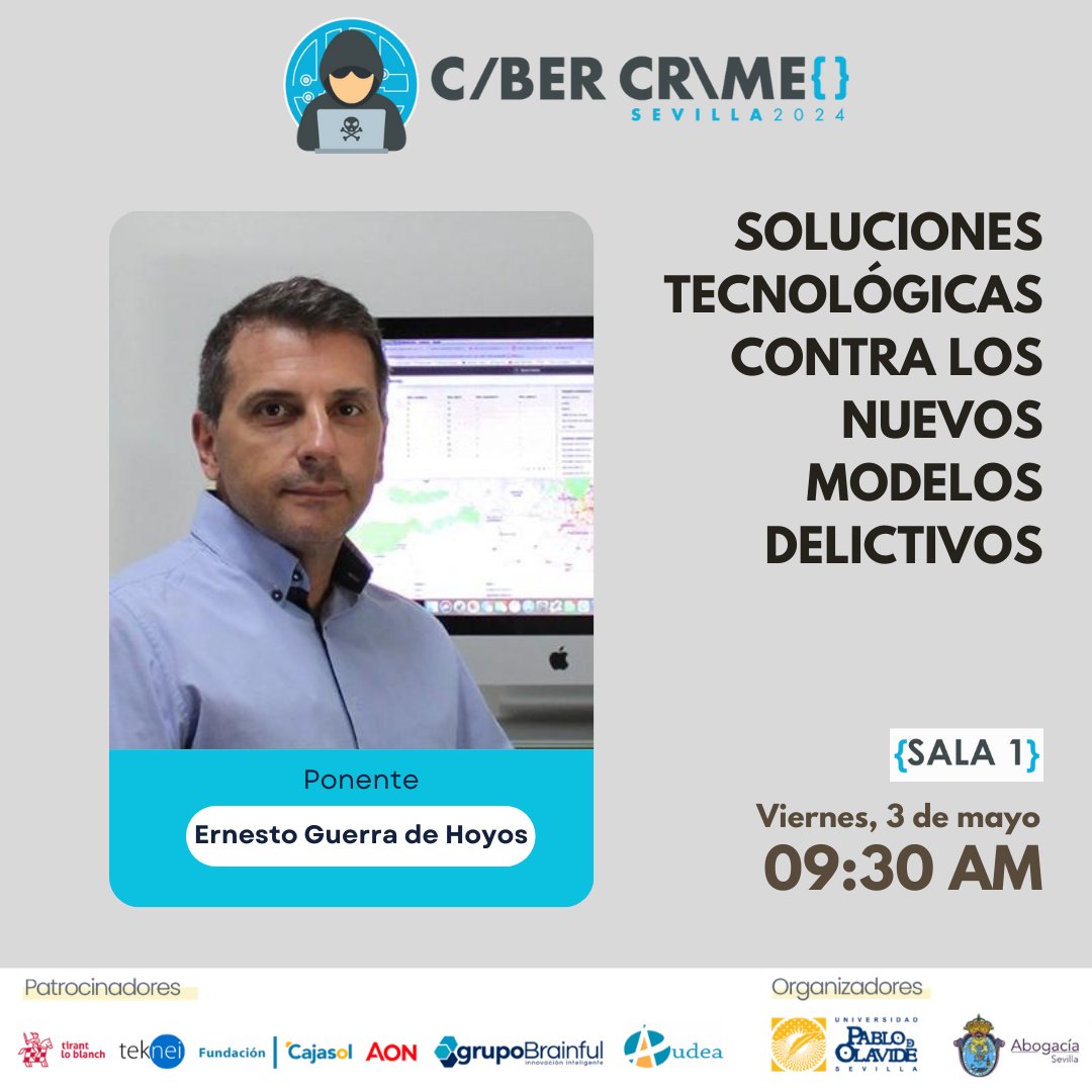 ICASEVILLA's tweet photo. I Congreso Internacional Ciberdelincuencia #CyberCrime #Sevilla2024 
#3demayo #Sala1 #9:30PM

SOLUCIONES #TECNOLÓGICAS CONTRA LOS NUEVOS MODELOS DELICTIVOS
Eloy Sanz, Francisco José Fernández Lineros, Ernesto Guerra y @GUTPER 

¿Te lo vas a perder? https://t.co/iHvfX0dMFv https://t.co/uI9zMDdHSg