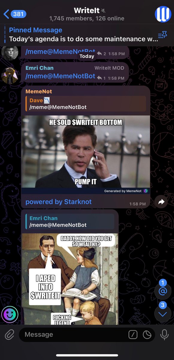 Guess who joined our new family?👀

<a href="/WriteItApp/">WriteIt</a> 
And they love it so much!

#Memenot #Memenotbot #Web3 #Crypto #Starknot $STRKNT