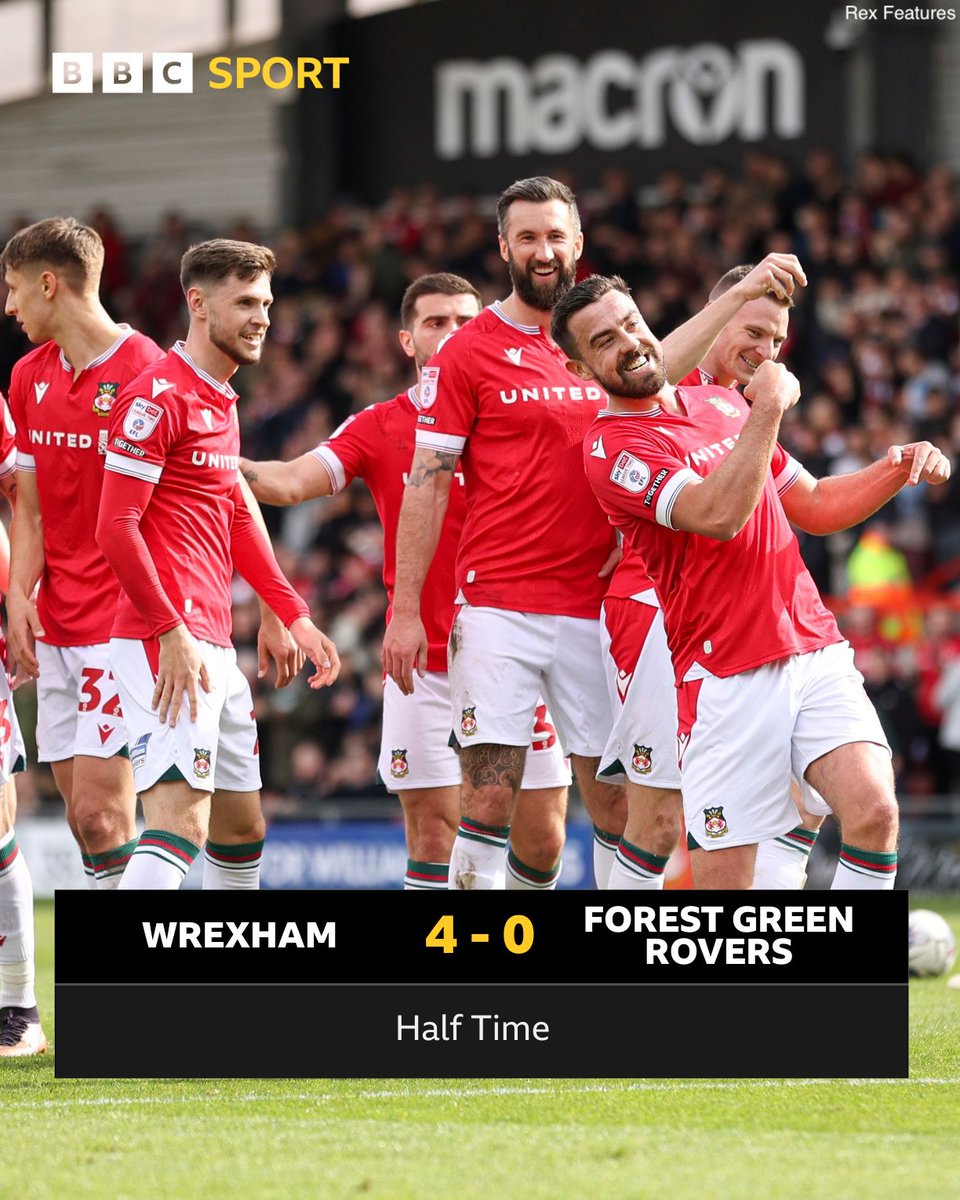 What a half for Wrexham! 🤯 With Barrow losing 0-1 away to Gillingham and MK Dons level 1-1 with Mansfield... #WxmAFC will secure promotion as it stands 🏆 Wrexham 4-0 Forest Green Rovers Live commentary on @BBCRadioWales FM/DAB North Wales 📻 #BBCFootball