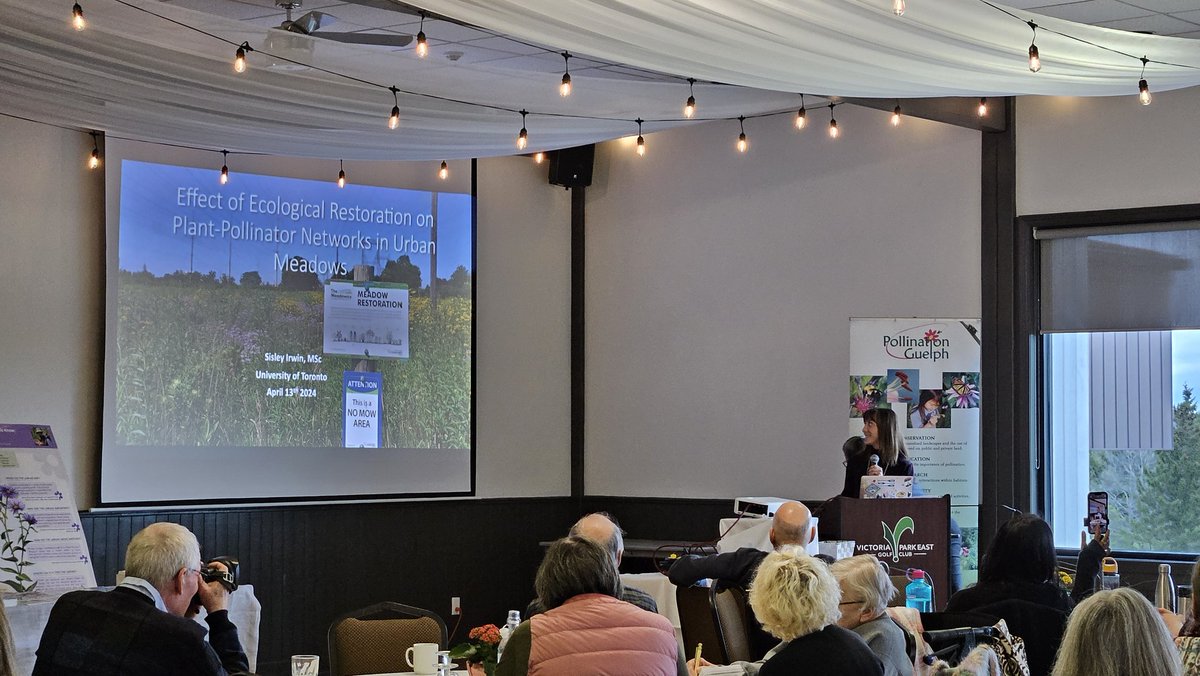 PollinateGuelph's tweet photo. Sisley Irwin speaks about creating urban meadows such as the Meadowway in Toronto, and effects on pollinators at our #PGEvents. Local site features (plantings) more important than larger landscapes, more bees attracted overtime as they establish. https://t.co/bl3DEncLfW