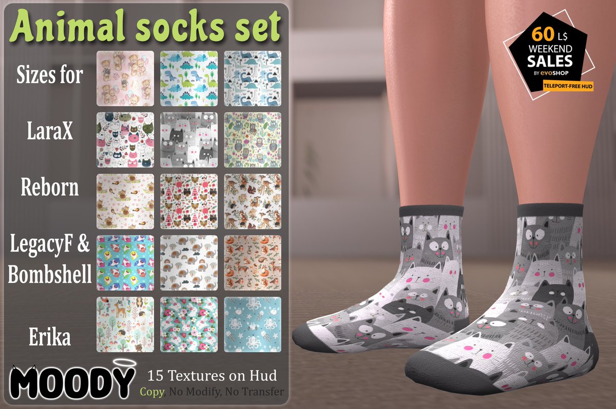 Robotshaz1's tweet photo. The animal socks set is on sale for 60L$ this weekend. Rigged for LaraX, Reborn, Legacy F, Bombshell, and Erika. 15 animal textures on a Hud included. https://t.co/eTXP7ojNnR
#moodysl #secondlife #slsales https://t.co/5gOdAd97oN