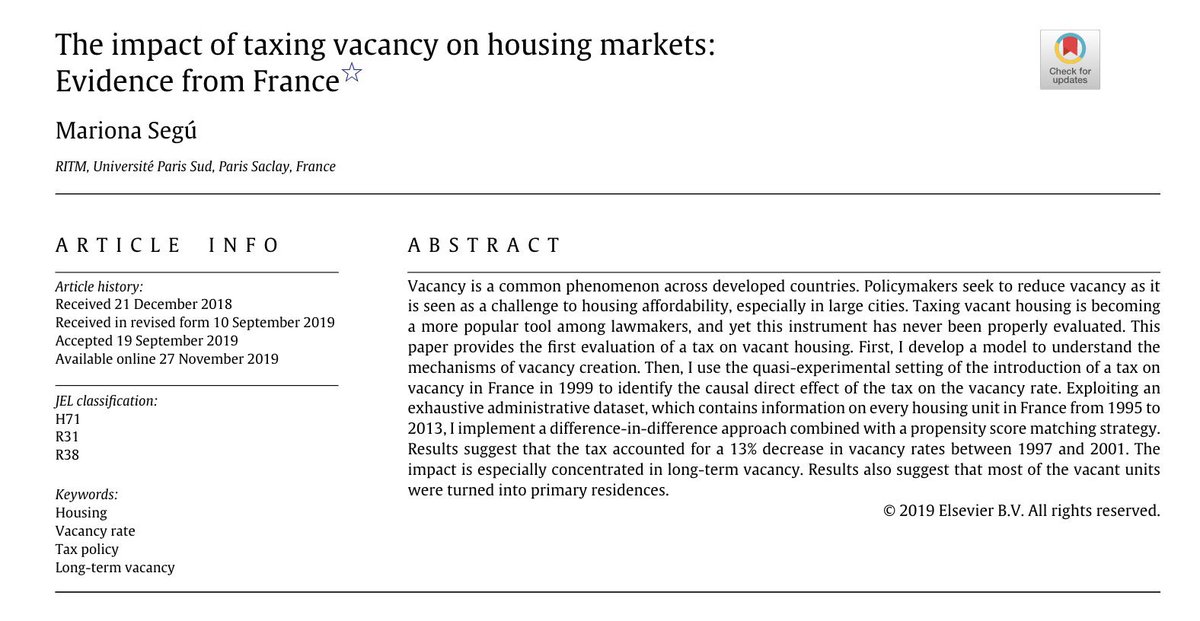 ⚠️Recordatorio: la introducción de un impuesto sobre viviendas vacías en 🇫🇷 redujo 13% el número de pisos vacíos, especialmente en mercado a largo plazo, y no afectó a nueva construcción en municipios donde se estableció el impuesto. @marionasegu (2020): sciencedirect.com/science/articl…