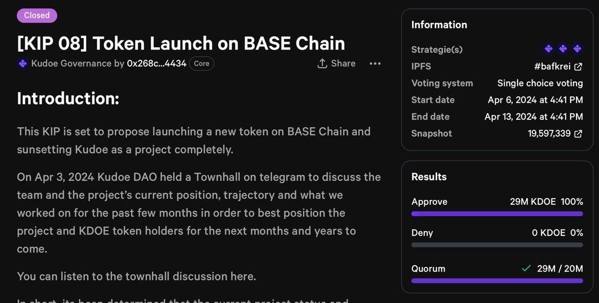 🎉 Kudoe KIP-08 has been APPROVED! 

Important details: 

1️⃣ Kudoe will launch a new token on BASE and KDOE holders will be part of the presale 

2️⃣ KDOE will begin to delist from exchanges immediately 

3️⃣ KDOE will stop trading on April 15th from Pancake swap and Uniswap 

4️⃣