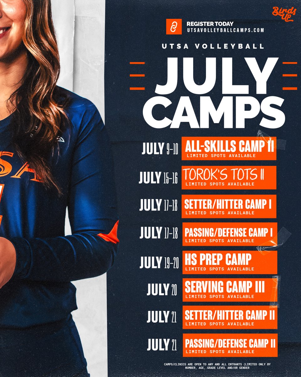 ℂ𝕒𝕞𝕡 𝕊ℤℕ

Take a look at our 𝓙𝓾𝓵𝔂 𝓒𝓪𝓶𝓹𝓼! 

Sign up now using the link below! 👇

🔗 utsavolleyballcamps.com

#BirdsUp 🤙 | #LetsGo210