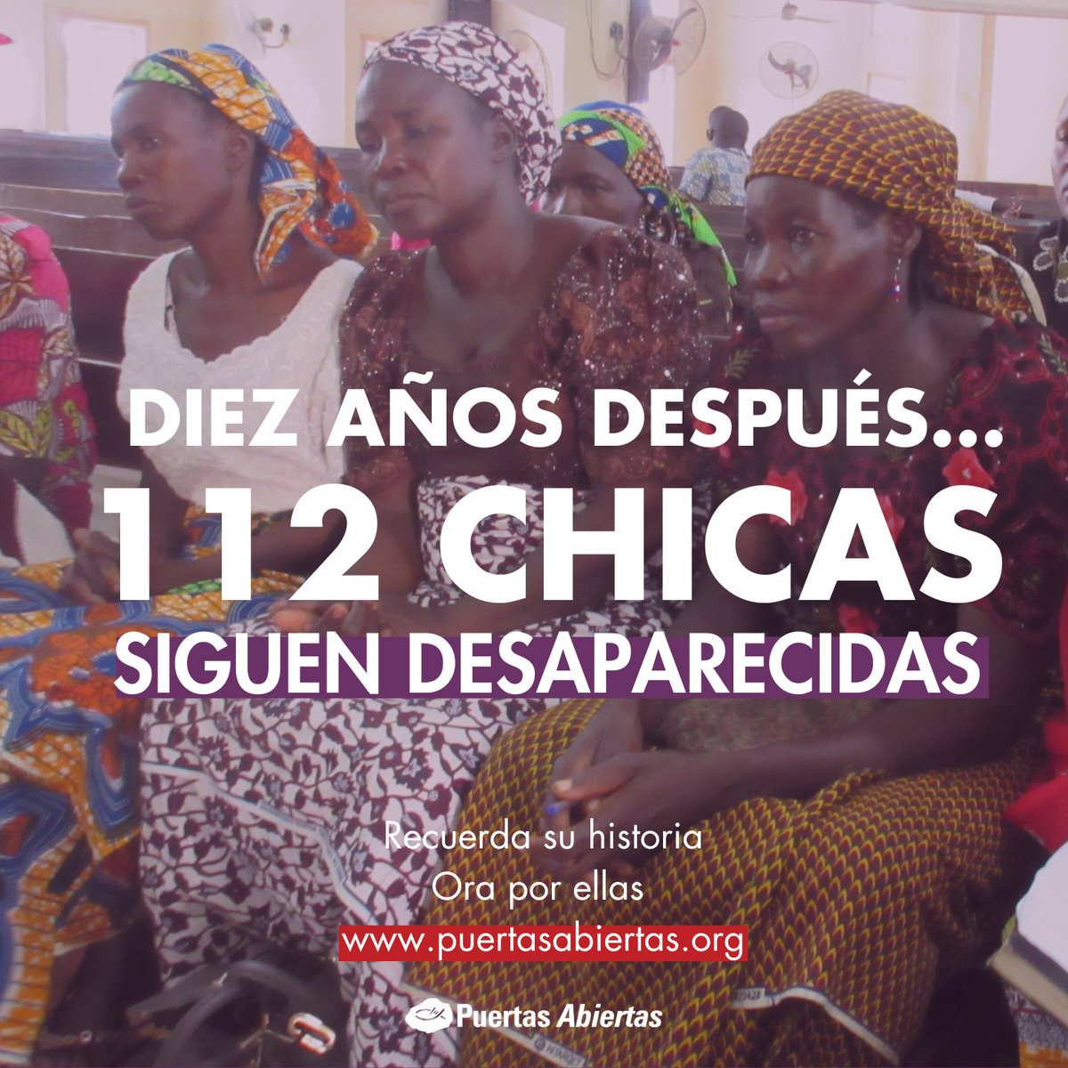 ❌ Hoy se cumplen 10 años desde que 𝟮𝟳𝟲 𝗻𝗶𝗻̃𝗮𝘀 𝗳𝘂𝗲𝗿𝗼𝗻 𝘀𝗲𝗰𝘂𝗲𝘀𝘁𝗿𝗮𝗱𝗮𝘀 de su escuela en #Chibok por el grupo terrorista #BokoHaram en #Nigeria.

🙏🏻 Ora estos afligidos padres de las 𝟭𝟭𝟮 𝗰𝗵𝗶𝗰𝗮𝘀 𝗾𝘂𝗲 siguen desaparecidas.

#UnoConEllos #ChibokGirls