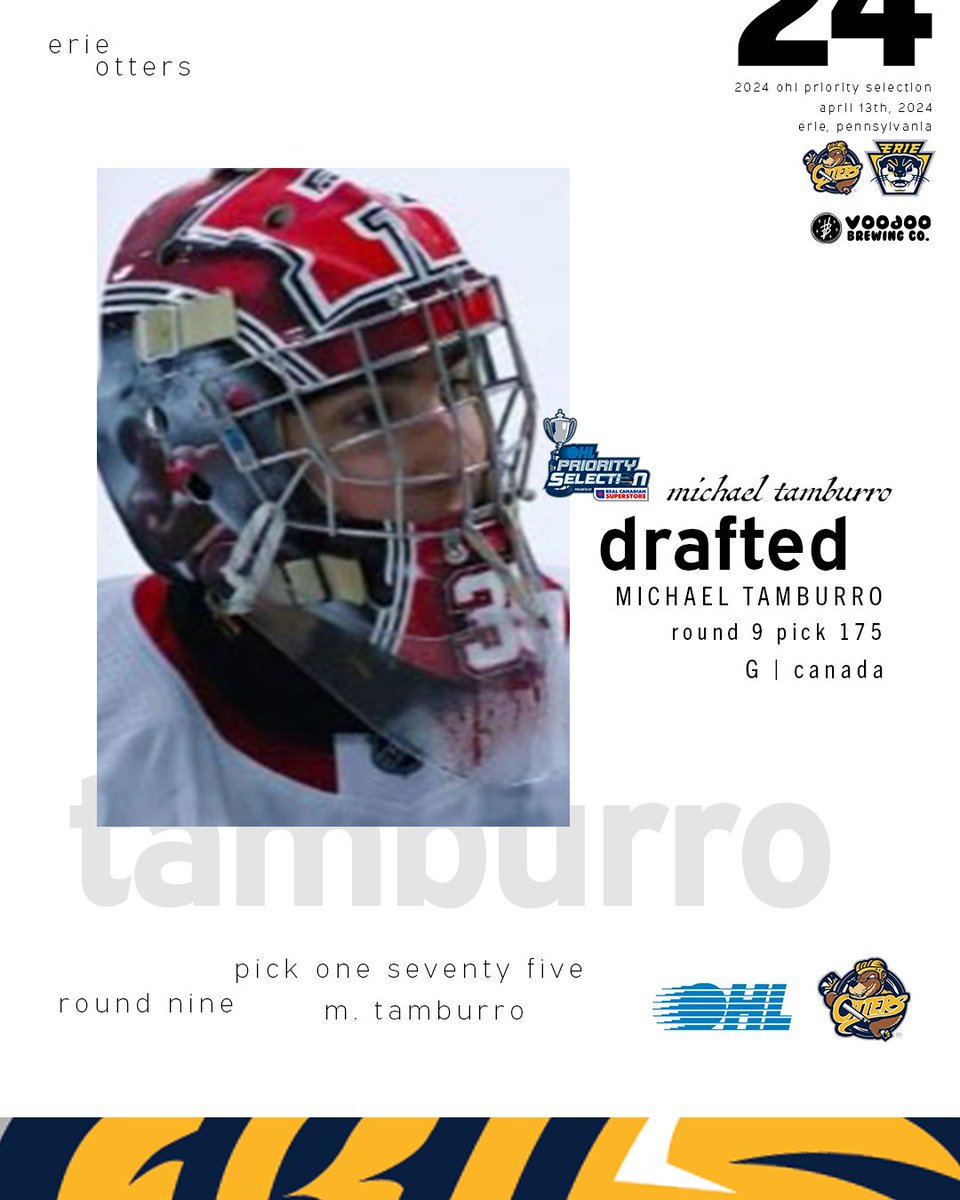 With the 175th overall pick in the 2024 @ohlhockey Priority Selection Draft, the Erie Otters select Mississauga Reps Goaltender, Michael Tamburro! Welcome to Erie!

@voodooerie Draft Weekend | #OHLDraft