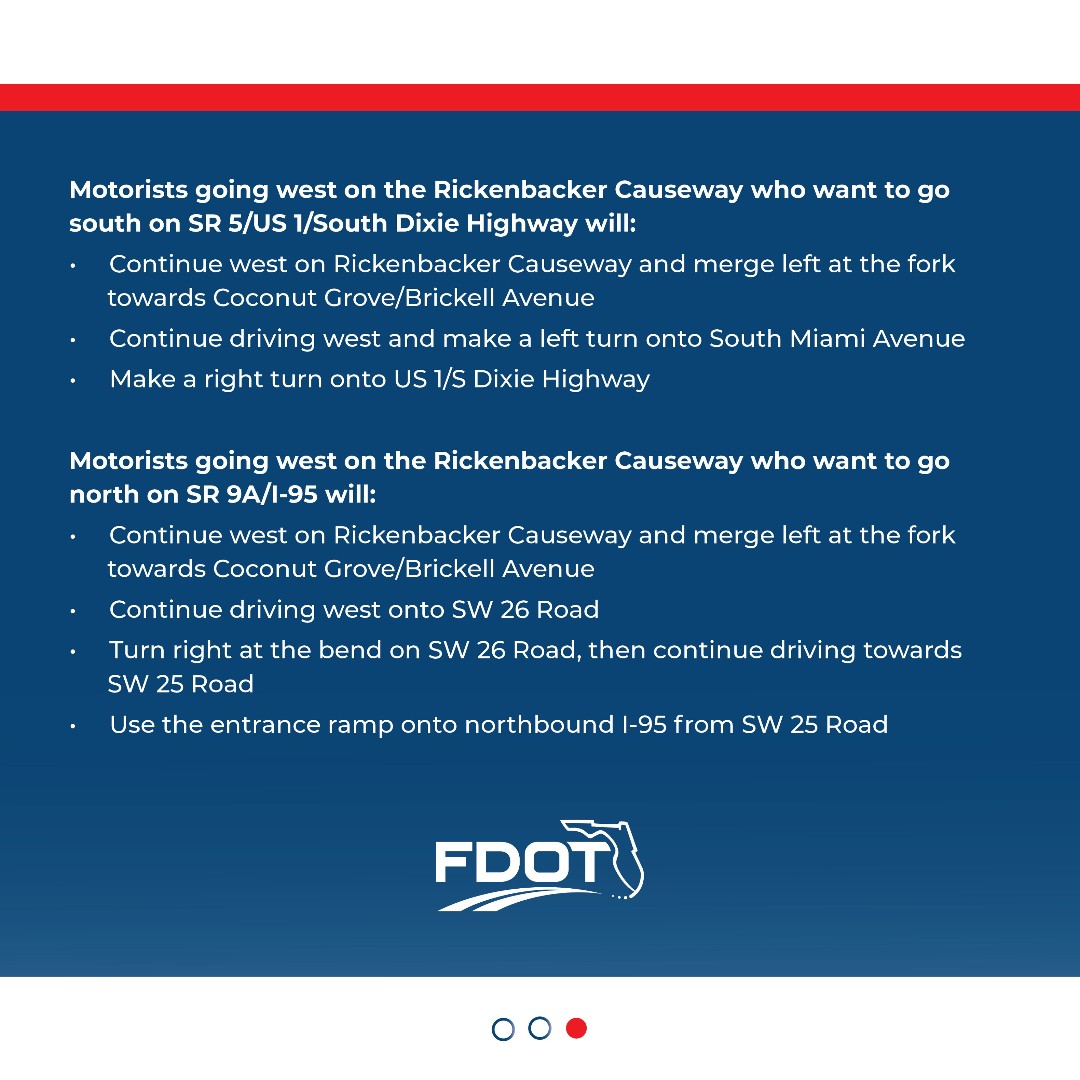 On Sun., 4/14, the flyover bridge westbound SR 913/Rickenbacker Cswy to southbound US 1/S Dixie Hwy and northbound SR 9A/I-95 will be closed for bridge rehab work. Swipe left for more info or visit southflroads.com. 

@miamidadecounty @cityofmiami @villageofkb @kbchamber