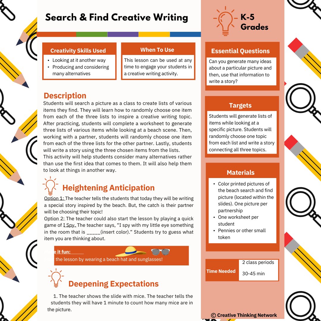 Ready to embark on a wild ride of creativity with our 'Search & Find Creative Writing' lesson plan by Andrea Mango? Join in on this storytelling fun as students explore visual cues to craft their own amazing narratives! Want to join the adventure? Visit: creativethinkingnetwork.com.