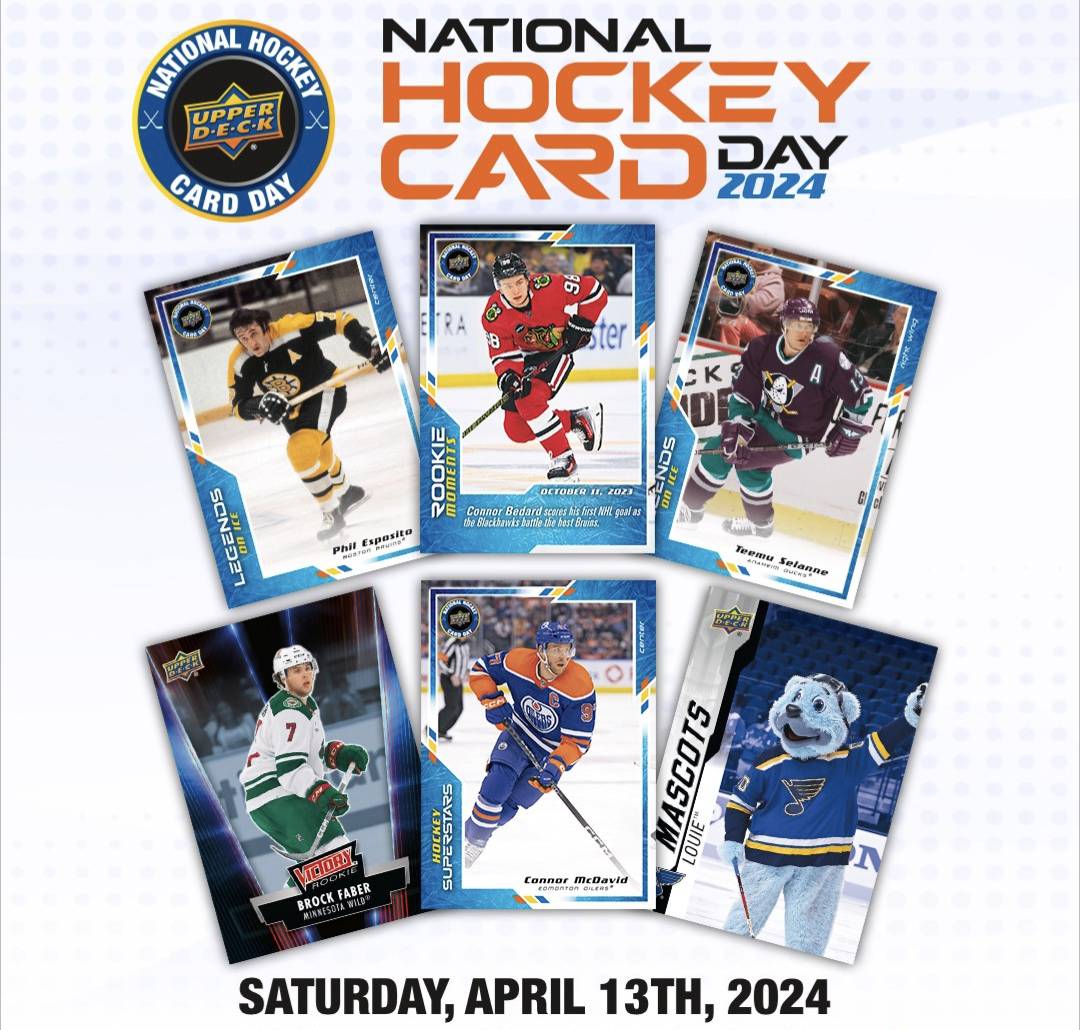 Join us for National Hockey Card Day! All customers who come to the shop on April 13, 2024 will receive a free Upper Deck Hockey pack! While supplies last. 
#NHCD #UpperDeck #NationalHockeyCardDay #Hockey #LocalHobbyShop #CardShop