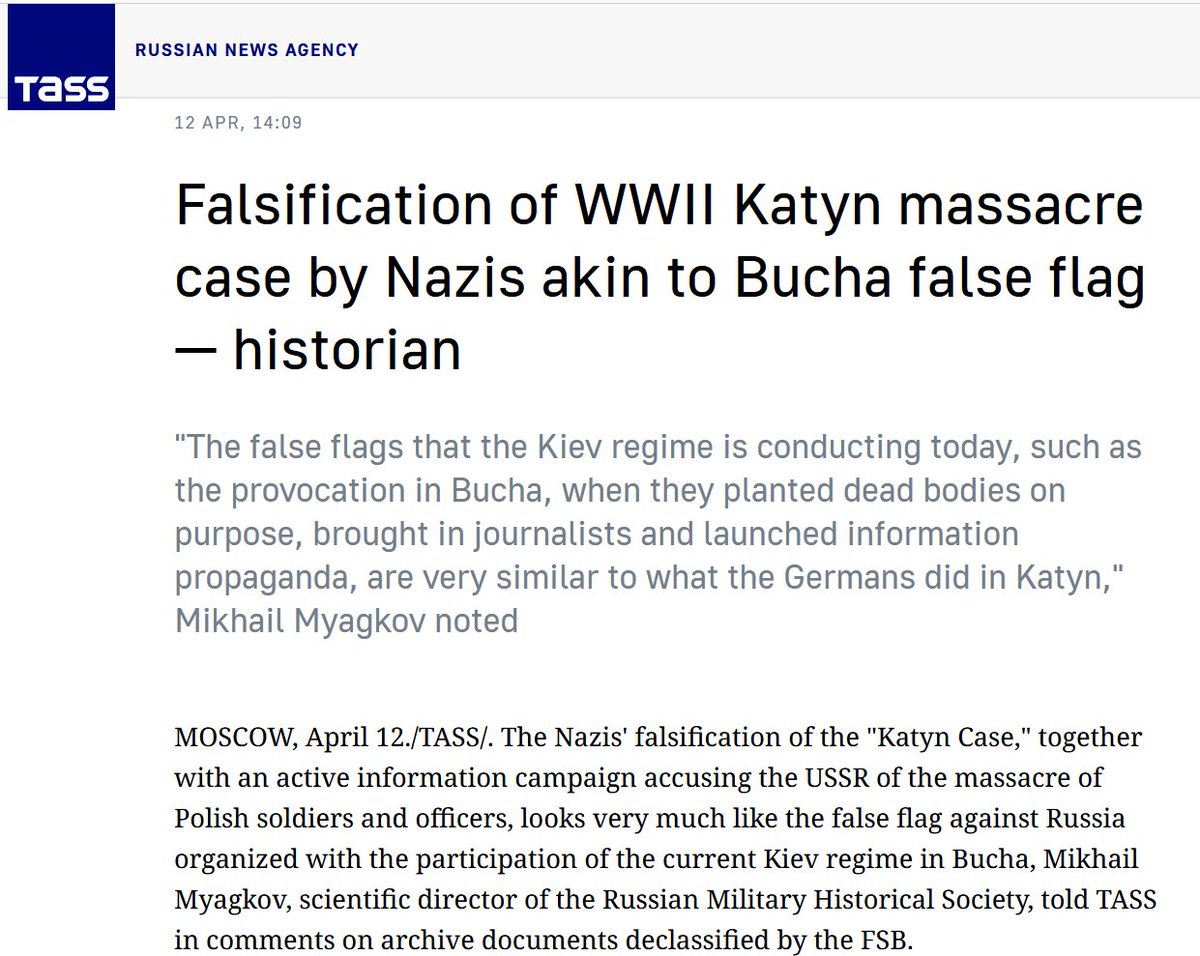 Russian 'historian' claims: Russia did not commit massacres in both Katyń and Bucha. Full scale Stalinist lies are back.