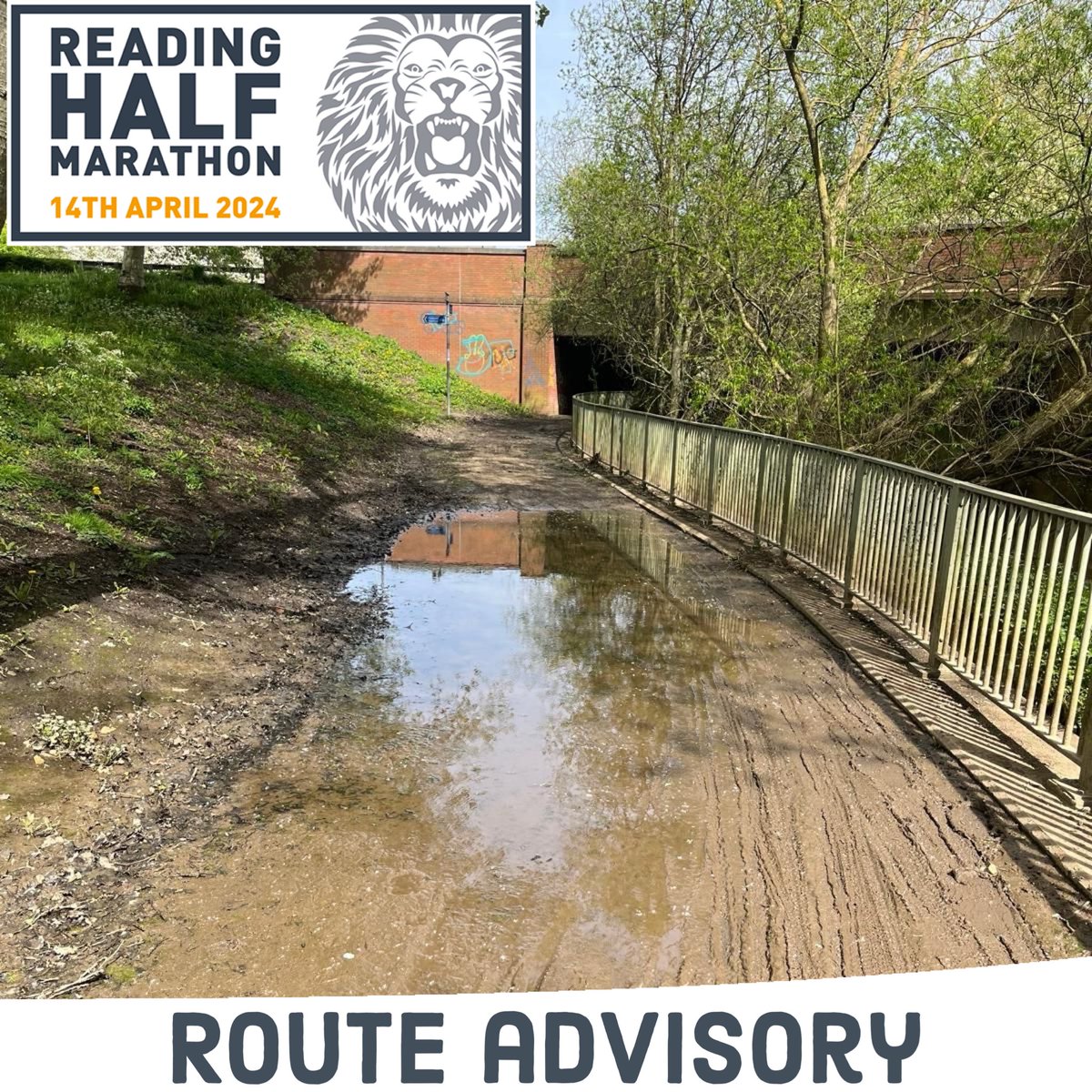 The pedestrian underpass under the A33 roundabout near the stadium is flooded. Please check your walking route on race day as it may not dry in time