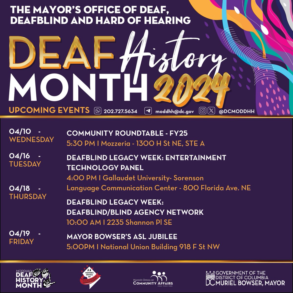 April is Deaf History Month and there are still 2 more opportunities to celebrate with @dcmoddhh: 🗓️April 18: DeafBlind/Blind Agency Network 🗓️April 19: ASL Jubilee Learn more and join us⬇️